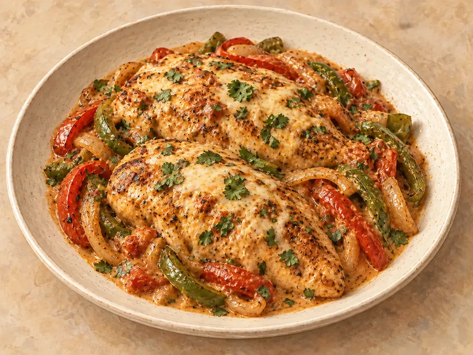 Illustration of chicken breasts with peppers and onion in creamy fajita sauce under melted mozzarella.