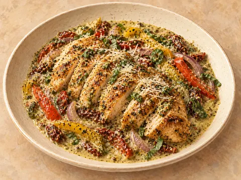 Illustration of chicken with bell peppers and sun-dried tomatoes in creamy basil pesto sauce.