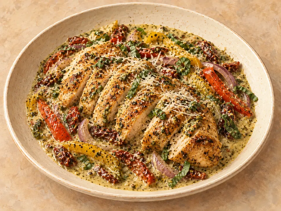 Illustration of chicken with bell peppers and sun-dried tomatoes in creamy basil pesto sauce.