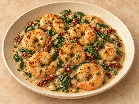 Illustration of shrimp with spinach and sun-dried tomatoes in creamy garlic sauce.