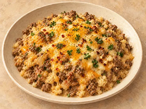 Illustration of ground beef and cauliflower rice in a creamy casserole under melted cheese.