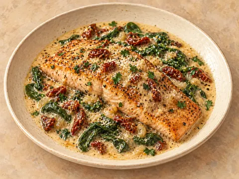 Illustration of seared salmon with spinach and sun-dried tomatoes in parmesan cream sauce.