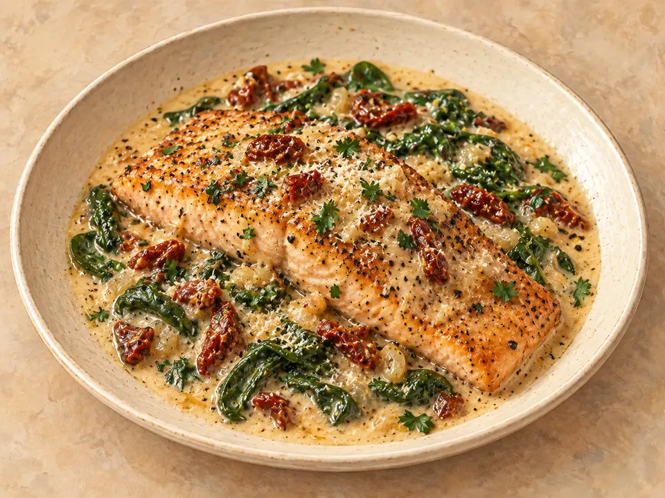 Illustration of seared salmon with spinach and sun-dried tomatoes in parmesan cream sauce.