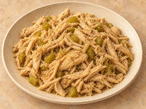 Illustration of slow-cooked shredded chicken with garlic-seasoned broth.
