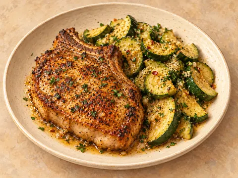 Illustration of cajun pork chops with zucchini in lemon-garlic pan sauce.