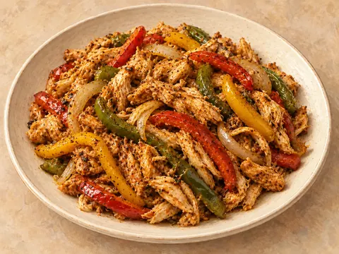 Illustration of shredded chicken fajitas with red, green and yellow bell peppers and onion.