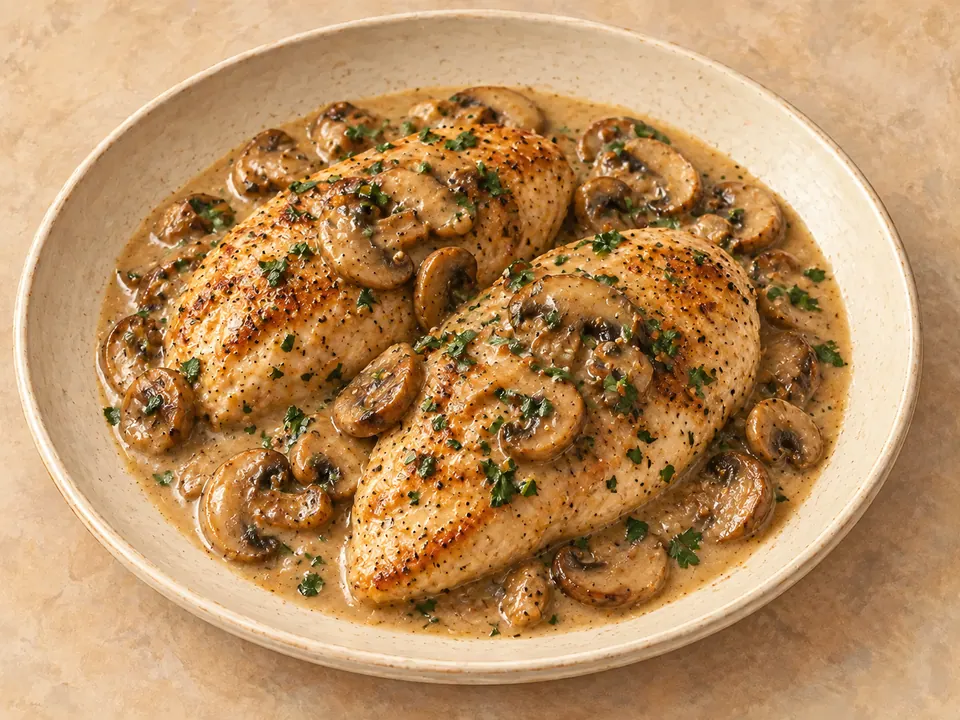 Illustration of seared chicken and mushrooms in creamy Marsala sauce.