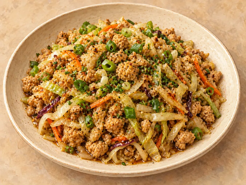 Illustration of ground chicken and cabbage egg roll bowls with ginger and soy seasoning.