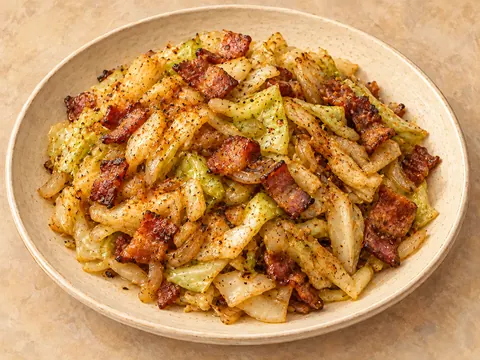 Illustration of fried cabbage and onion mixed with crisp bacon.