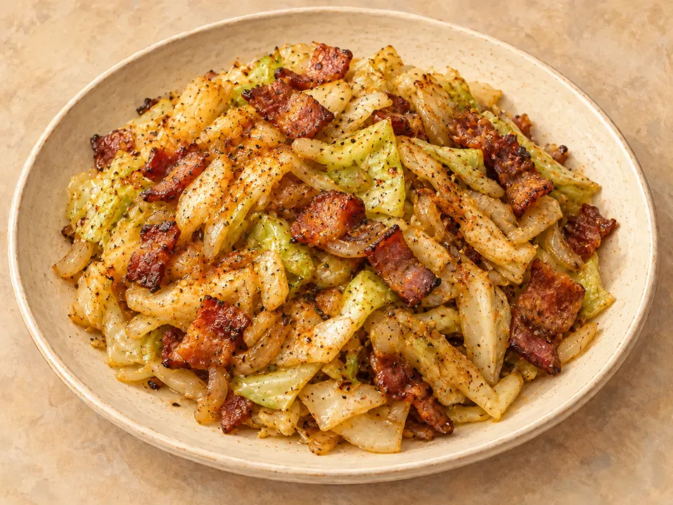 Illustration of fried cabbage and onion mixed with crisp bacon.