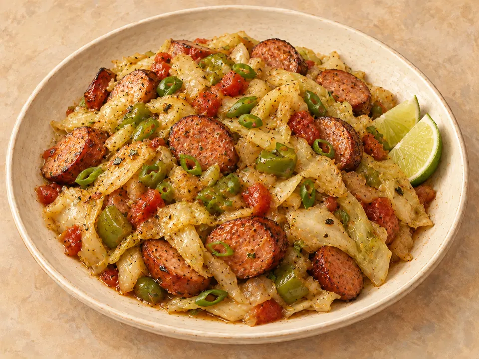 Illustration of fried cabbage with smoked sausage, tomatoes and bell pepper.