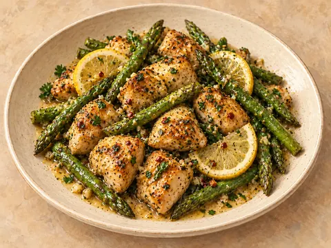 Illustration of garlic-butter chicken bites with lemon-seasoned asparagus.