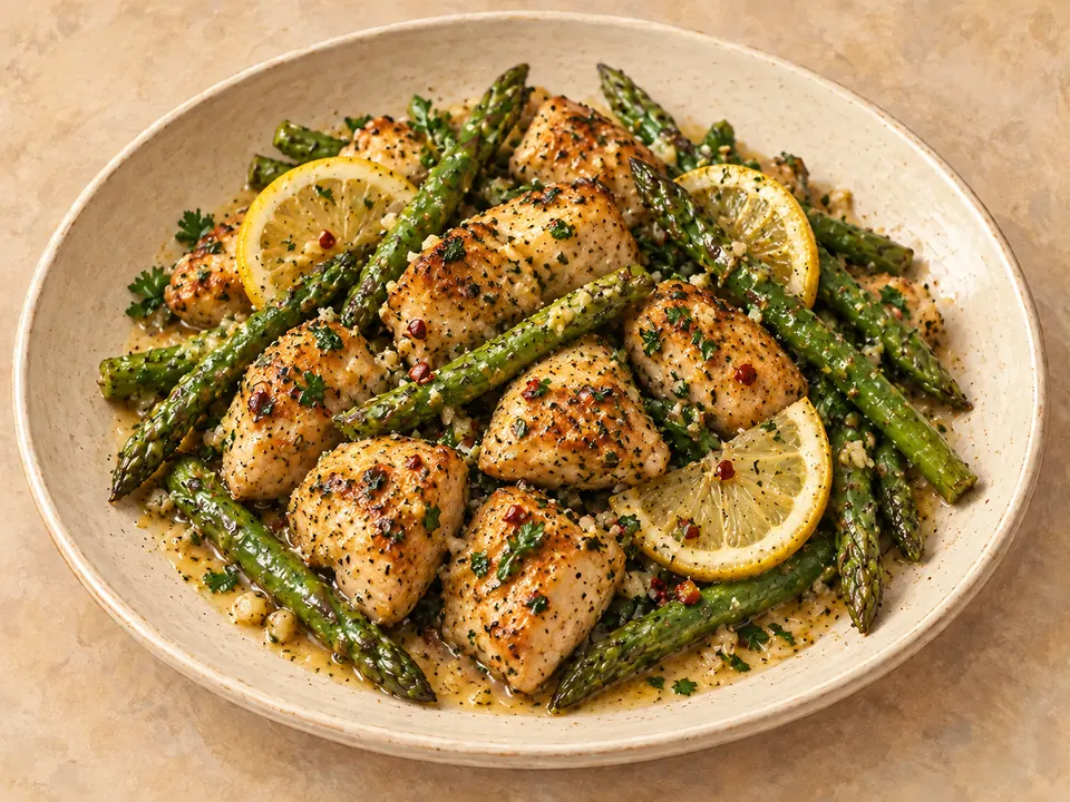 Illustration of garlic-butter chicken bites with lemon-seasoned asparagus.