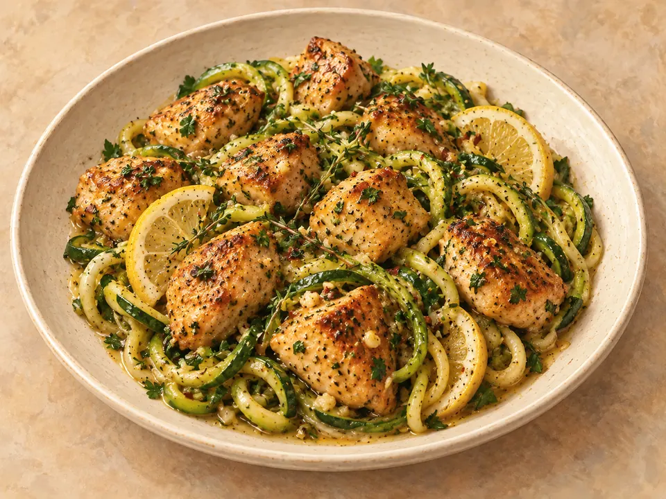 Illustration of garlic-butter chicken bites with zucchini noodles.