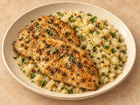 Illustration of garlic-butter chicken with lemon-seasoned cauliflower rice.