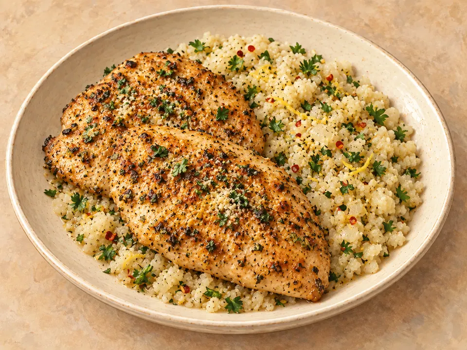 Illustration of garlic-butter chicken with lemon-seasoned cauliflower rice.