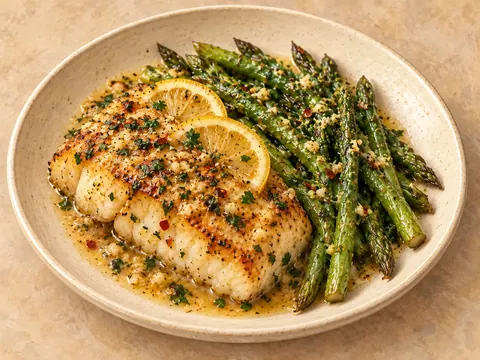 Illustration of pan-cooked cod with asparagus in lemon-garlic butter sauce.