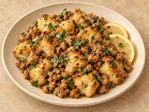 Illustration of ground turkey and cauliflower in garlic-butter sauce.
