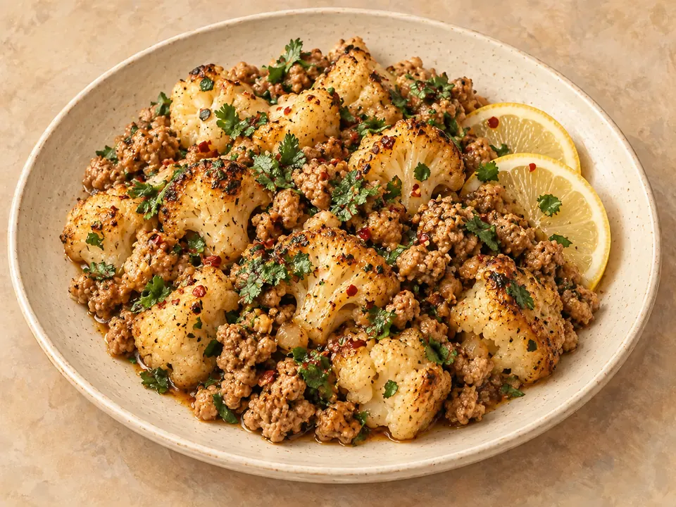Illustration of ground turkey and cauliflower in garlic-butter sauce.