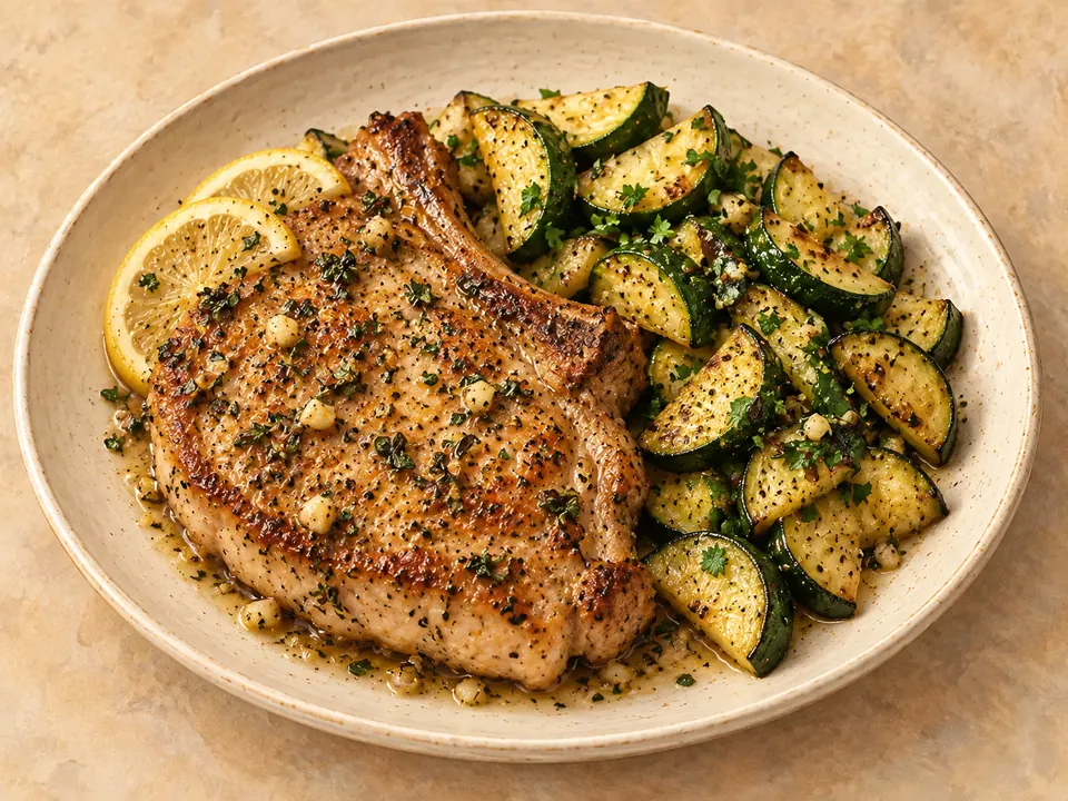 Illustration of pan-cooked pork chops with zucchini in garlic-herb butter.