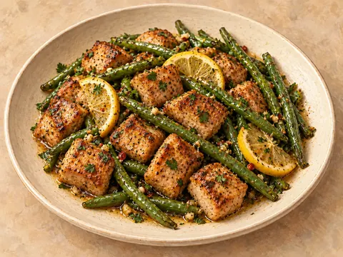 Illustration of cajun pork bites with green beans in lemon-garlic butter sauce.