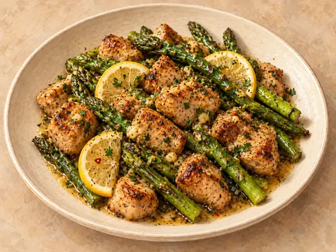 Illustration of garlic-butter pork bites with lemon-seasoned asparagus.