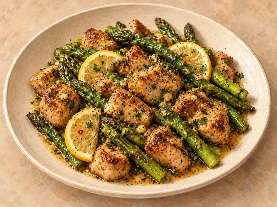 Illustration of garlic-butter pork bites with lemon-seasoned asparagus.