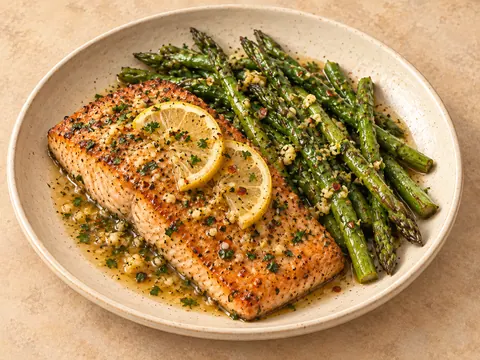 Illustration of pan-cooked salmon with asparagus in lemon-garlic butter sauce.