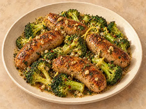 Illustration of browned sausages and broccoli in lemon-garlic butter sauce.