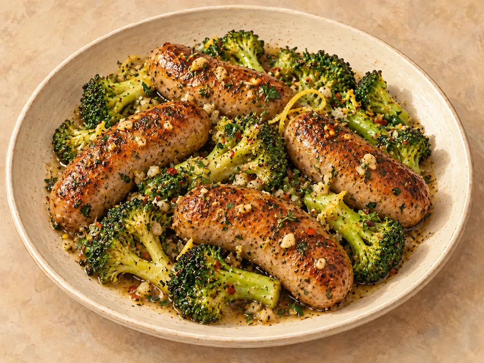 Illustration of browned sausages and broccoli in lemon-garlic butter sauce.