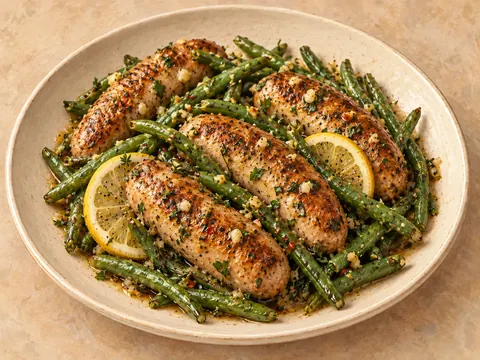 Illustration of browned sausages and green beans in lemon-garlic butter sauce.