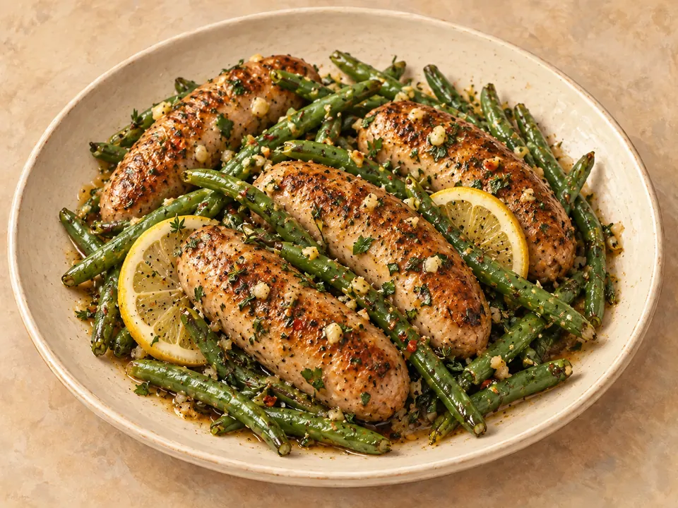 Illustration of browned sausages and green beans in lemon-garlic butter sauce.