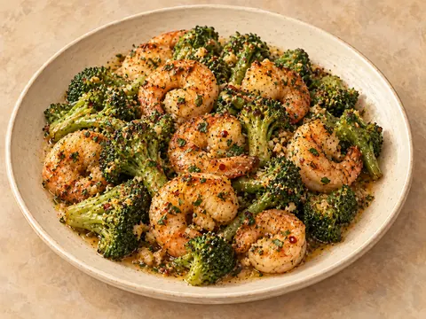 Illustration of shrimp and broccoli coated in garlic butter and paprika seasoning.