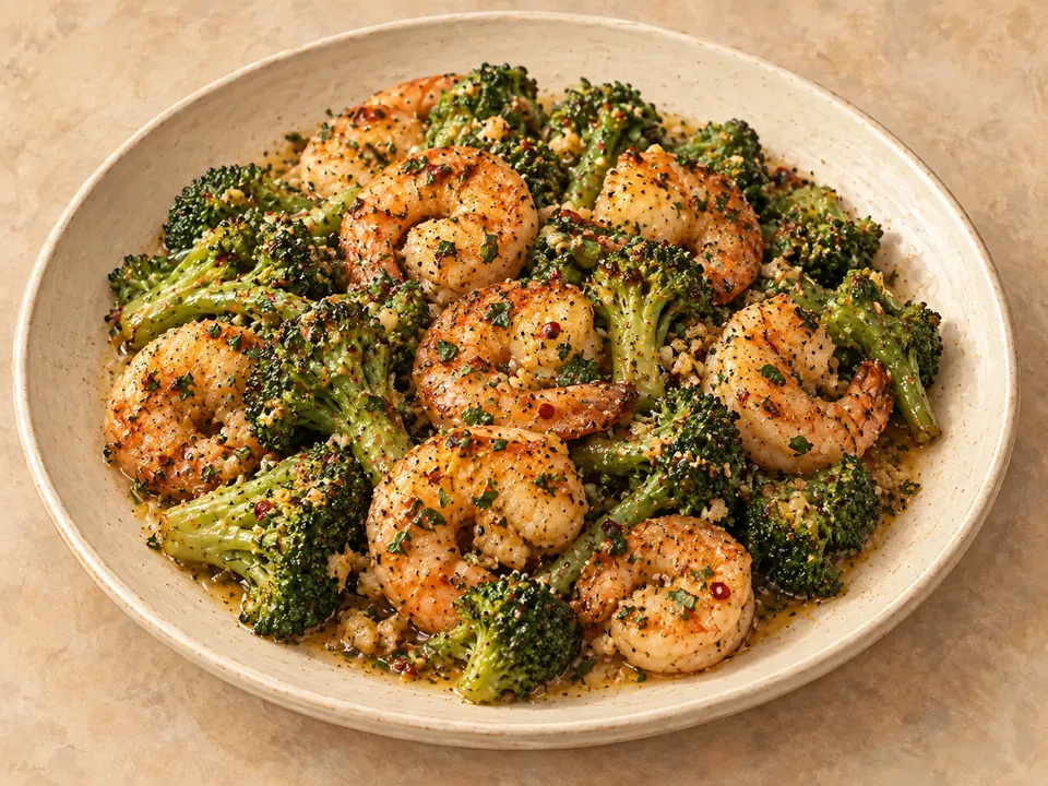 Illustration of shrimp and broccoli coated in garlic butter and paprika seasoning.