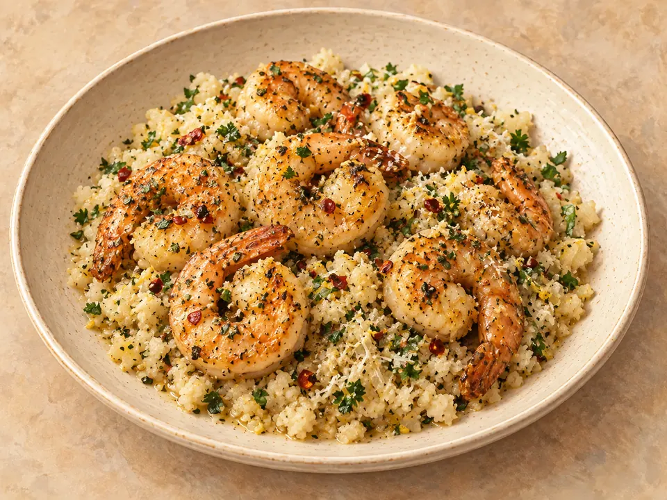 Illustration of garlic-butter shrimp with lemon-parmesan cauliflower rice.