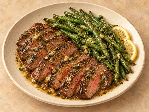Illustration of steak strips and green beans in garlic-butter sauce.