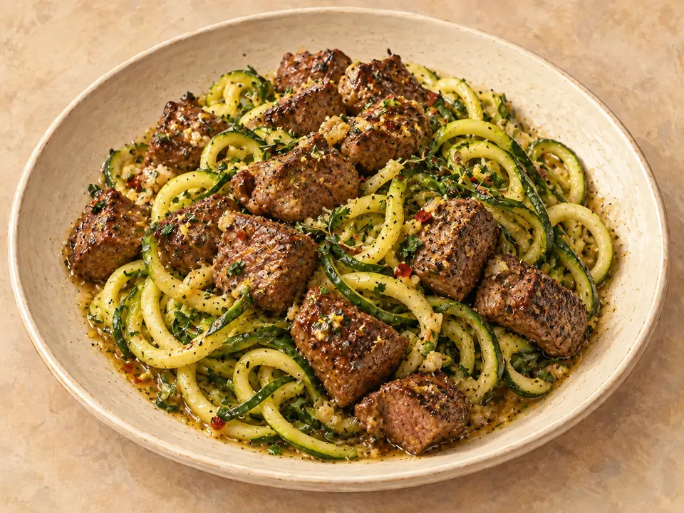 Illustration of garlic-butter steak bites with lemon-seasoned zucchini noodles.