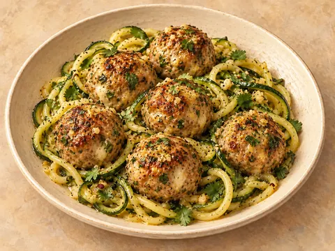 Illustration of garlic turkey meatballs with lemon-butter zucchini noodles.