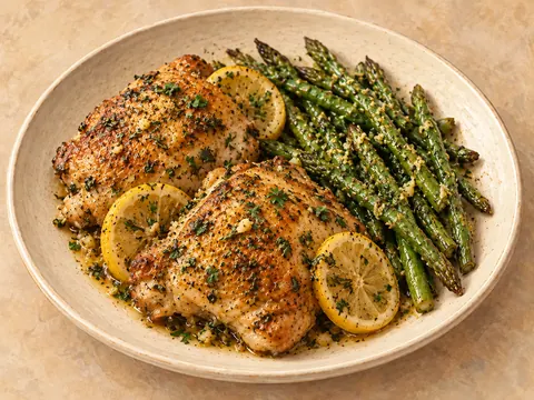 Illustration of chicken thighs and asparagus in garlic-herb butter sauce.