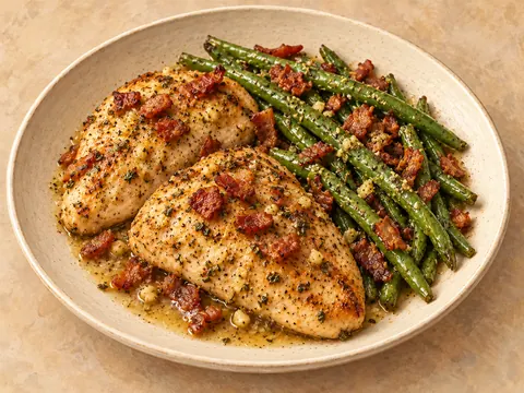 Illustration of chicken breasts and green beans in garlic-lemon sauce with crisp bacon.