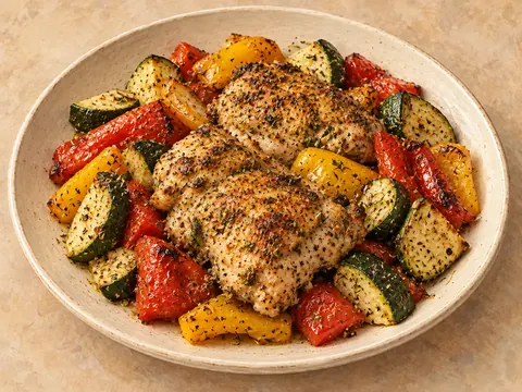 Illustration of roasted Greek-marinated chicken thighs with zucchini and bell peppers.