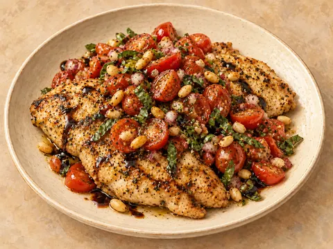 Illustration of seared chicken with fresh tomato-basil bruschetta and toasted pine nuts.