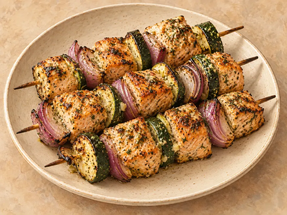 Illustration of grilled salmon kabobs with zucchini and red onion.