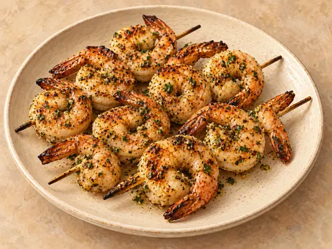 Illustration of grilled shrimp skewers coated with lemon, garlic and herb marinade.
