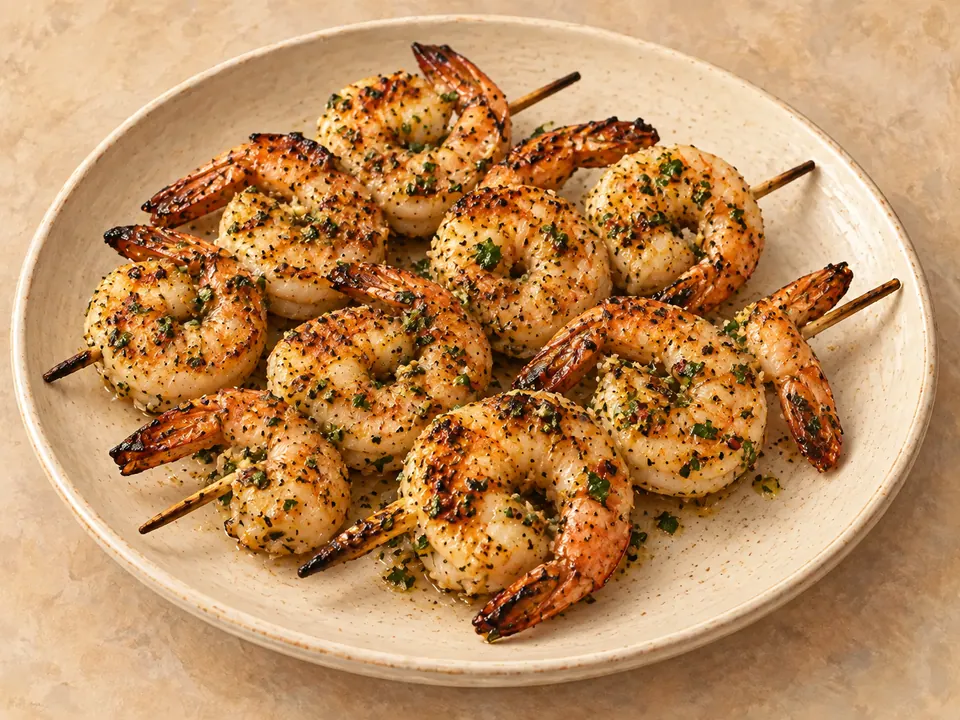 Illustration of grilled shrimp skewers coated with lemon, garlic and herb marinade.