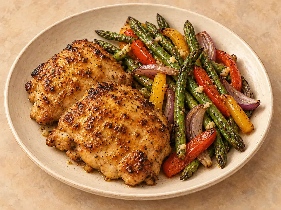 Illustration of roasted honey mustard chicken thighs with asparagus, bell pepper and red onion.