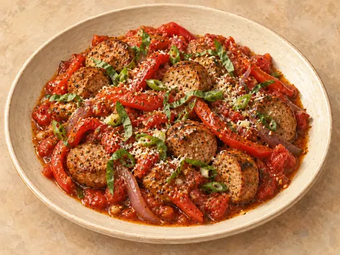 Illustration of sliced Italian sausage and bell pepper in a tomato sauce with fennel.