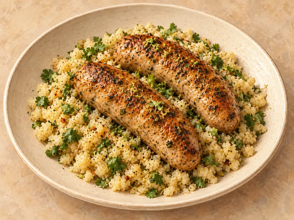 Illustration of browned Italian sausages with cilantro-lime cauliflower rice.