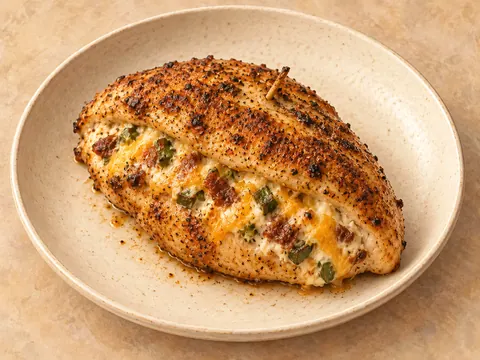 Illustration of chicken breasts stuffed with jalapeños, bacon and cheddar cheese.