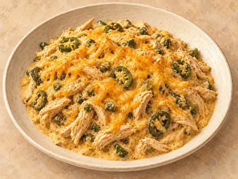Illustration of shredded chicken and jalapeños in creamy cheddar sauce.